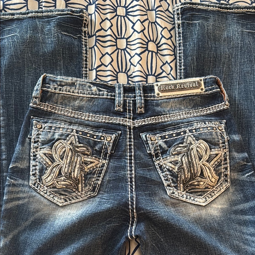 Rock Revival Blue Flare Jeans with Ornate Embroidery